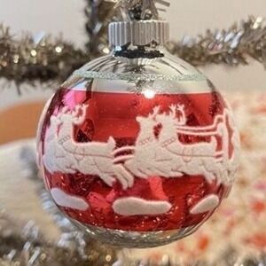 3" Radko Shiny Brite Stenciled Flocked Ornament Santa Sleigh Ride Winter Red MCM